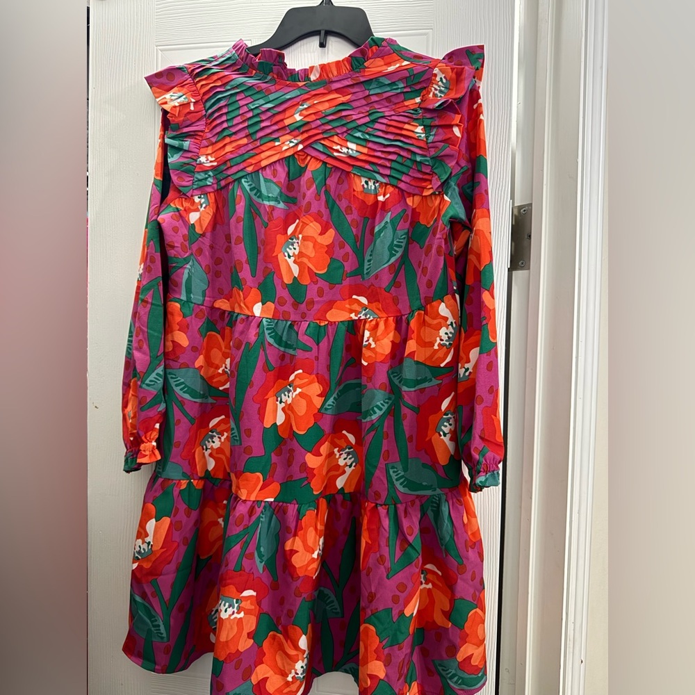 Red and Orange Bishop Sleeve Sundress with Mock Neck